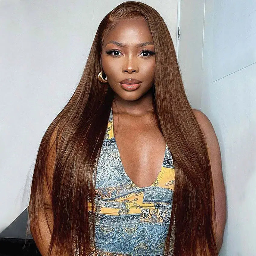 Perismoda color#4 Dark Brown Straight 13x4 Transparent Front Lace Wig